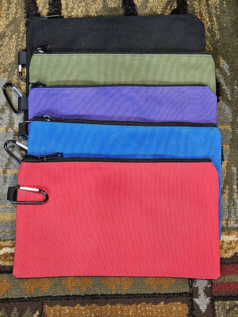 Pack of 5 Color Zip Toiletry Pouches — Black, Olive, Purple, Blue, Red